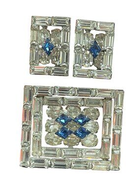 Rare Vtg Parco Prov Vintage Silver-Tone Blue Clear Rhinestone Brooch Earrings